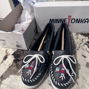 Minnetonka NavyBlue  Moccasins with Beaded Design